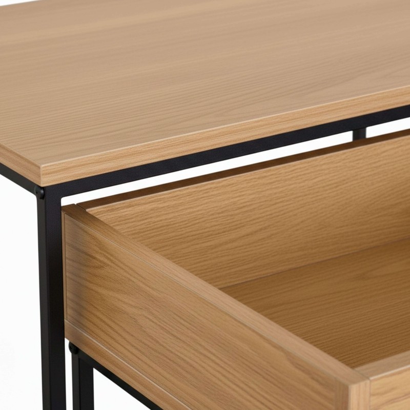 Juego de mesitas con tablero de madera clara y estructura metálica negra con cajón inferior