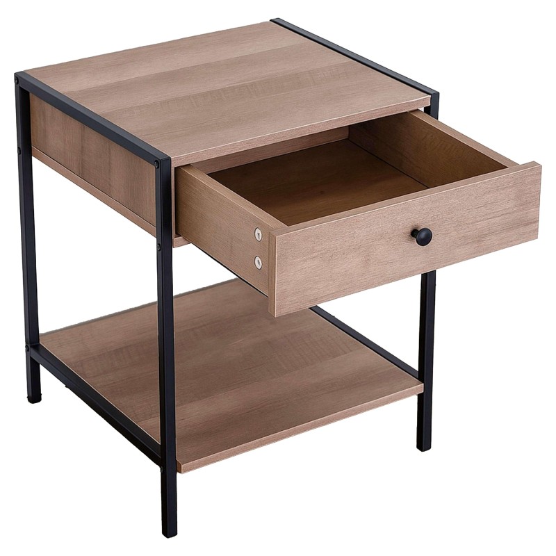 Mesita de noche madera clara con cajón abierto y pata metálica negra estilo industrial