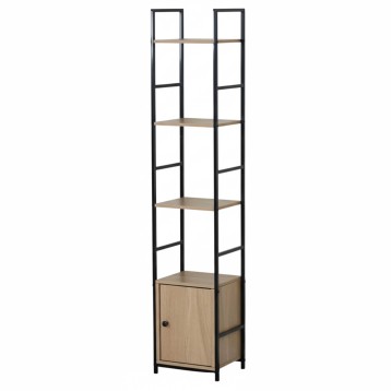 Estantería vertical alta estructura negra y madera con cuatro estantes y armario base cerrado