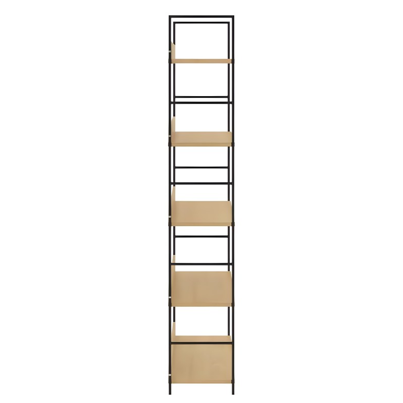 Estantería vertical de metal negro y madera natural con 6 niveles abiertos y 3 estantes cerrados