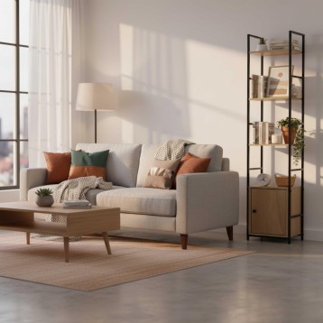Estantería alta con estructura metálica negra y madera clara con puerta inferior y plantas decorativas en salón