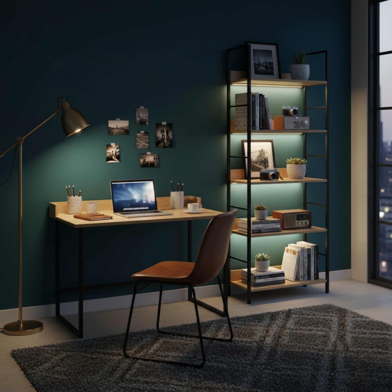 Ambiente de oficina en casa con escritorio madera y patas negras y estantería modular con marco negro y luces integradas contra 