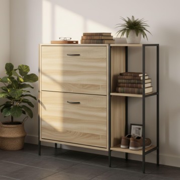 Mueble auxiliar en madera clara con dos cajones y estantería negra lateral en ambiente de sala decorado con plantas y libros