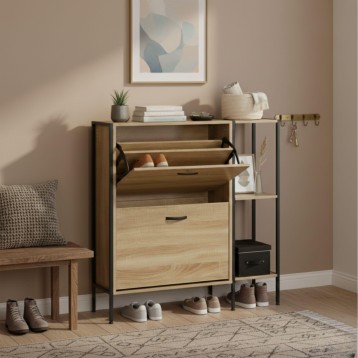 Zapatero con puertas abatibles y madera natural y metal en ambiente de recibidor