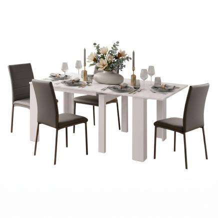 Comedor con mesa rectangular blanca y cuatro sillas tapizadas en gris oscuro y patas metálicas ambientado