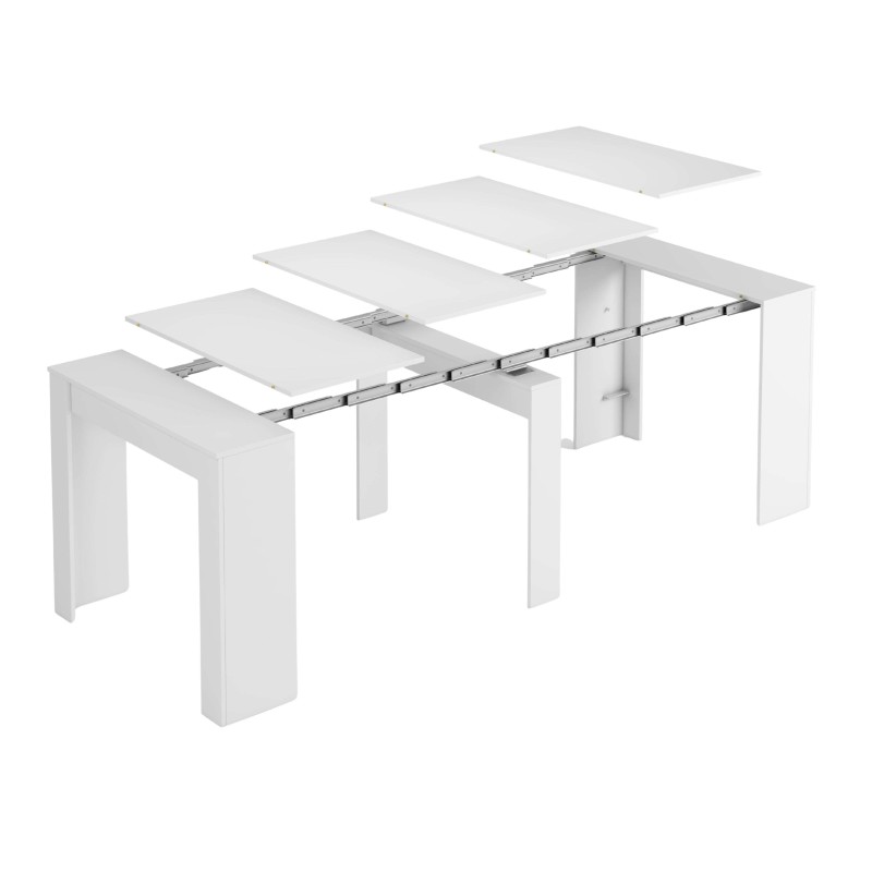 Mesa extensible blanca con tableros desplegables y mecanismo de acero cromado visto en detalle de funcionamiento