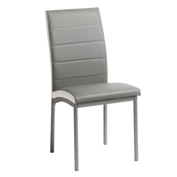 Silla de comedor tapizada en gris con respaldo acolchado y estructura metálica