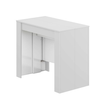 Mesa alta blanca con almacenamiento integrado y hueco central para taburetes