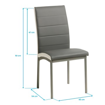 Silla de comedor tapizada en gris con respaldo acolchado y estructura metálica beige