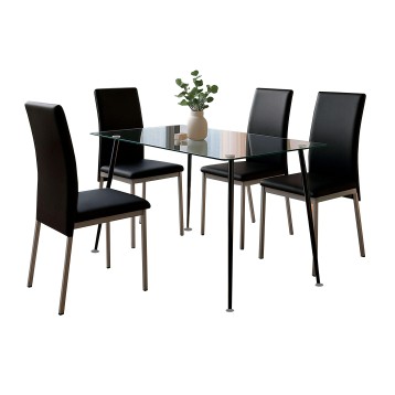 Conjunto de comedor con mesa de cristal rectangular y cuatro sillas negras con respaldo alto y patas metálicas