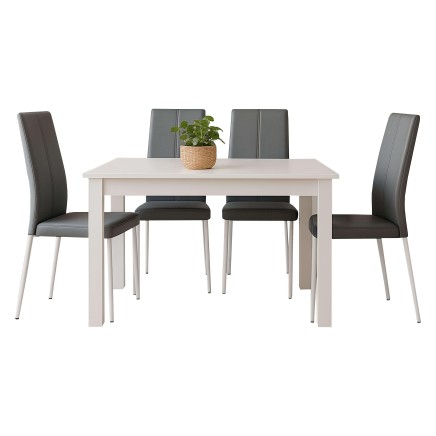 Comedor con mesa rectangular blanca y sillas tapizadas en gris y negro con patas metálicas