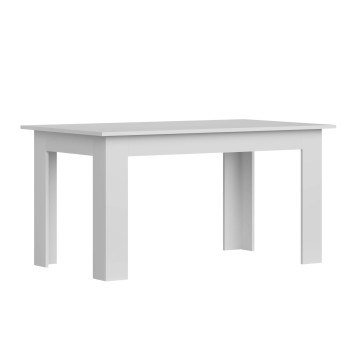 Mesa de comedor rectangular blanca con patas macizas y diseño moderno minimalista