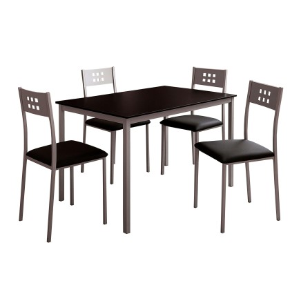 Juego de comedor con mesa negra rectangular y cuatro sillas de metal gris con asiento acolchado negro