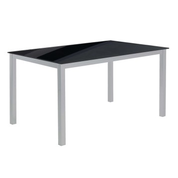 Mesa rectangular con tablero negro y patas metálicas gris claro. Vista frontal en ángulo