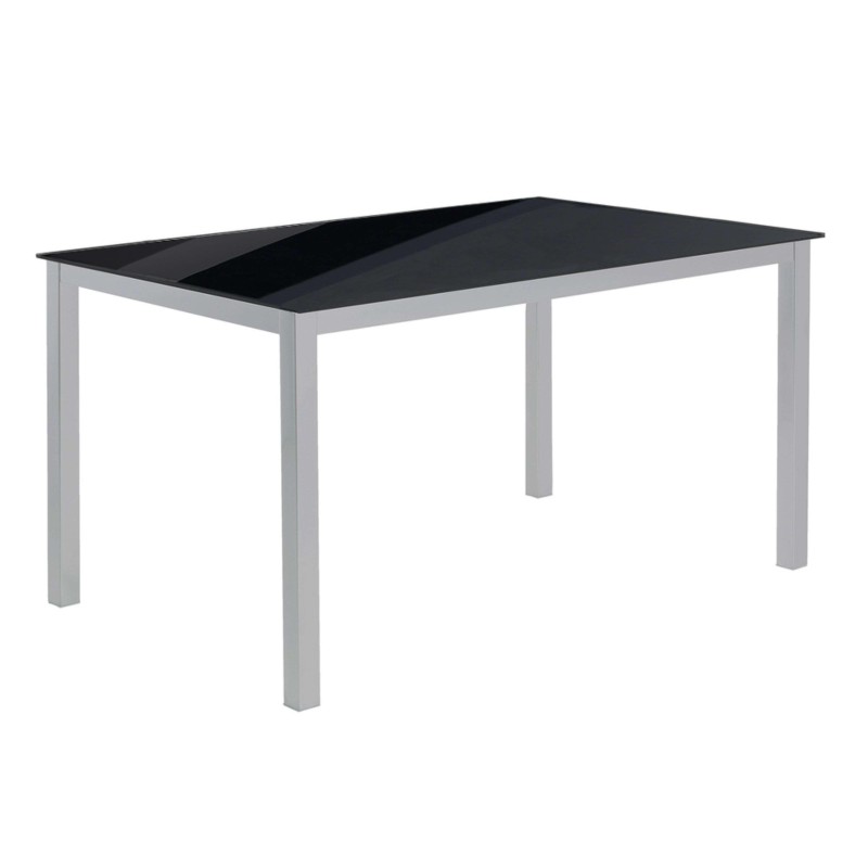 Mesa rectangular con tablero negro y patas metálicas gris claro. Vista frontal en ángulo
