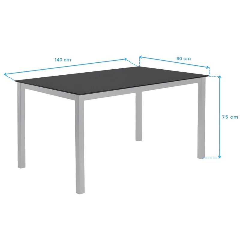 Mesa rectangular con tablero negro y estructura de patas grises con esquema de medidas