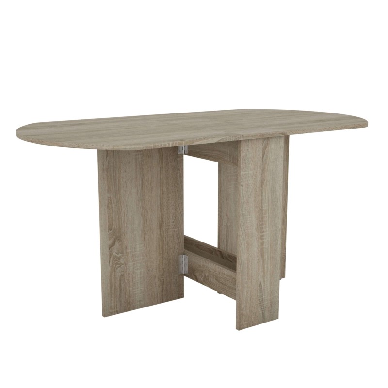 Mesa comedor ovalada en madera color roble claro y base con paneles geométricos