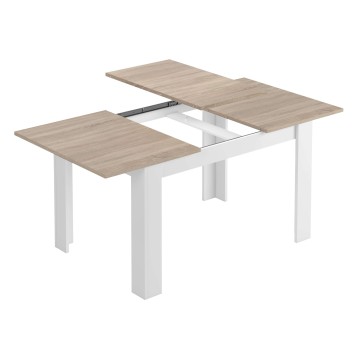 Mesa extensible con tablero en color roble y estructura blanca con sistema de alargamiento visible