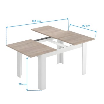 Mesa extensible con tablero roble y base blanca en posición abierta mostrando mecanismo de extensión