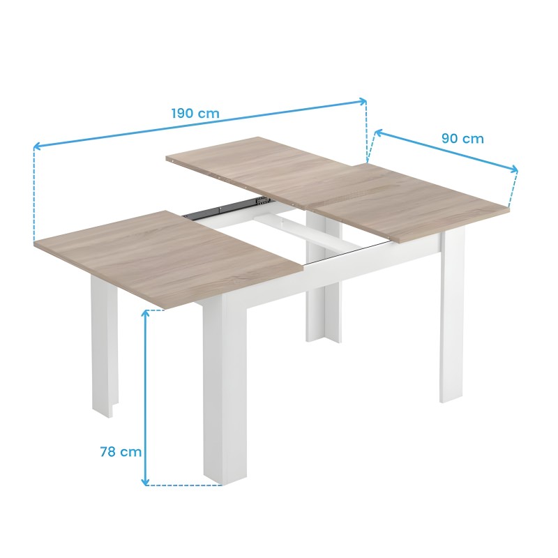Mesa extensible con tablero roble y base blanca en posición abierta mostrando mecanismo de extensión