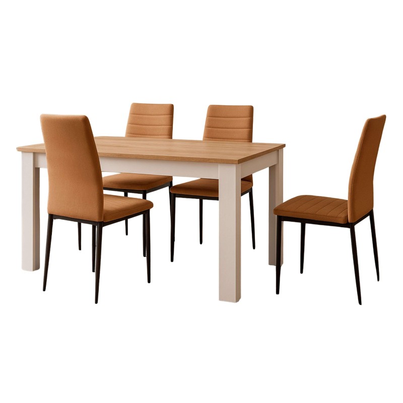 Conjunto de comedor con mesa rectangular de madera clara y cuatro sillas tapizadas en cuero cognac con patas negras