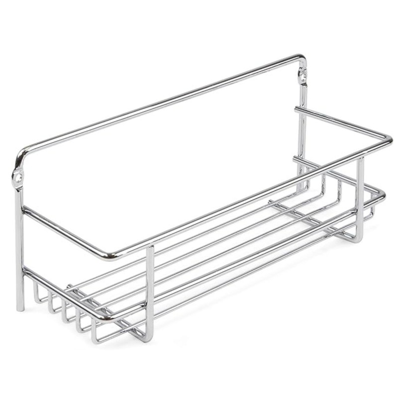 Estante de baño cromado con estructura metálica y múltiples niveles para almacenamiento