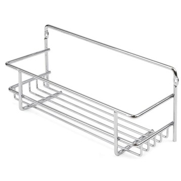 Organizador de ducha cromado con estructura tubular y múltiples niveles de almacenamiento