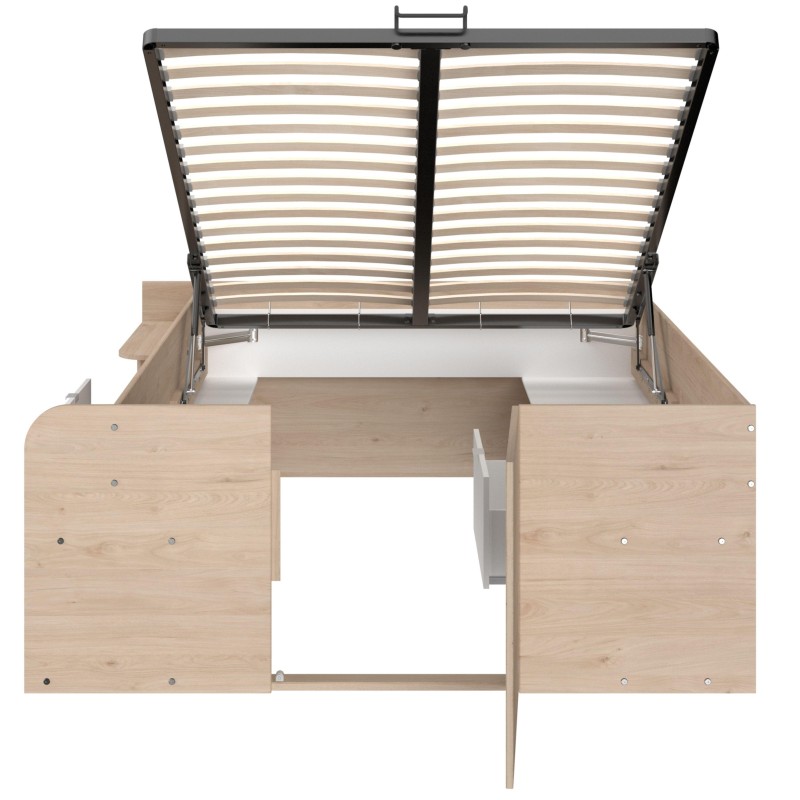Cama matrimonial de madera clara con almacenamiento integrado y canapé abatible vista superior abierta