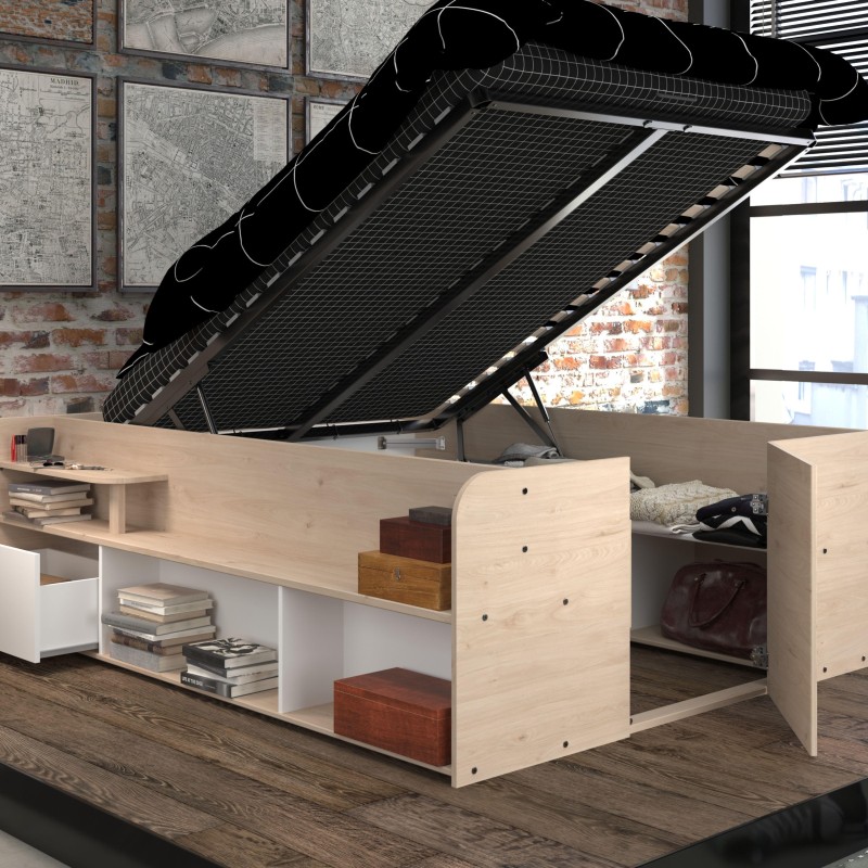 Cama con almacenamiento y canapé elevable en madera clara y blanco con respaldo abierto y espacio interior