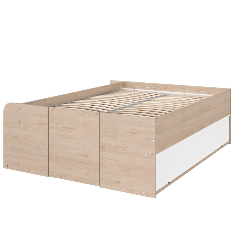 Cama con almacenamiento en madera clara y frente blanco con somier laminado y laterales de gran capacidad