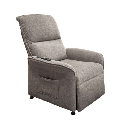 Sillón reclinable gris claro tapizado en tela con respaldo acolchado y bolsillo lateral frontal