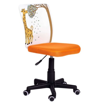 Silla infantil giratoria con respaldo estampado jirafa y árbol y asiento tapizado en naranja