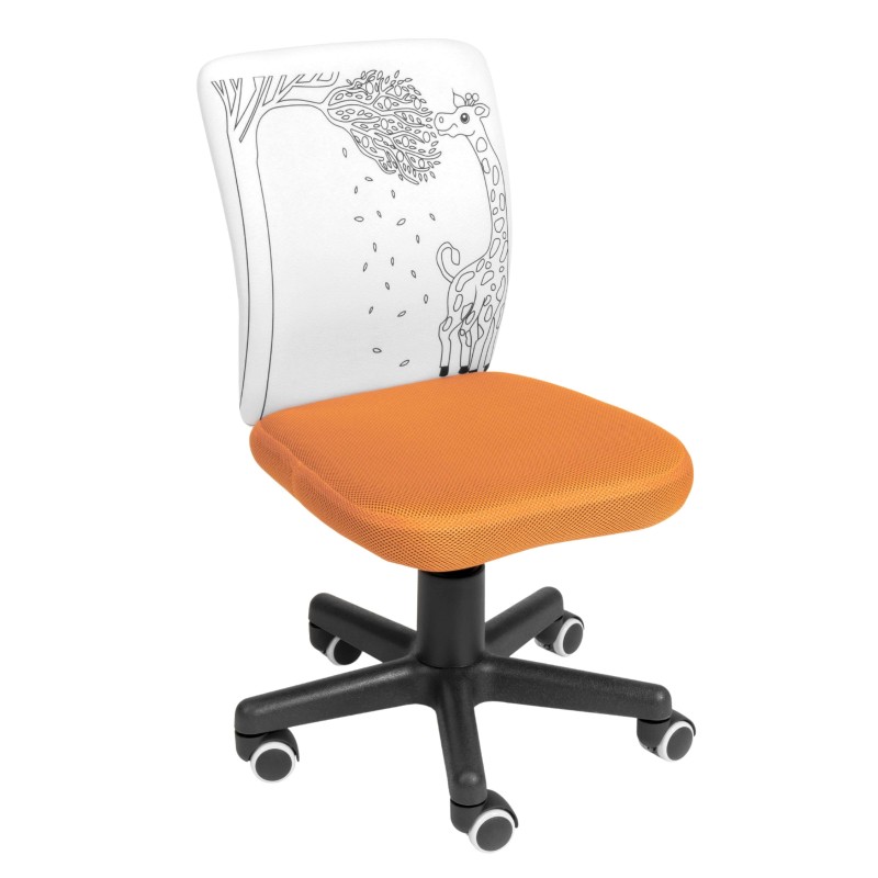 Silla de escritorio infantil con respaldo blanco estampado jirafa y asiento naranja tapizado en tela con ruedas