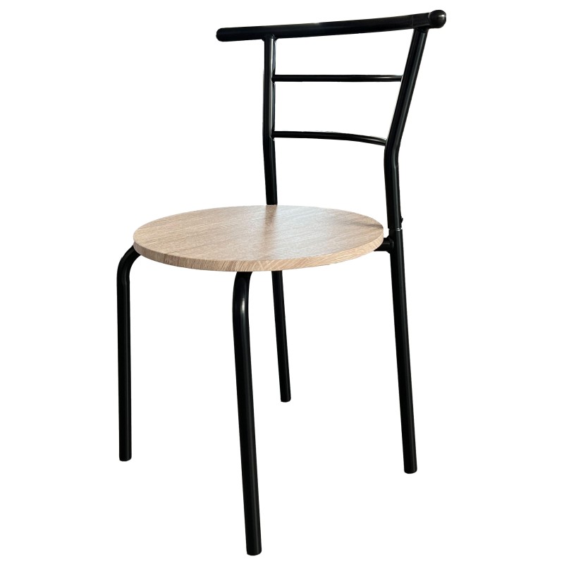Silla con estructura metálica negra y asiento redondo de madera clara estilo nórdico