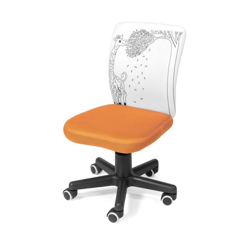 Silla de oficina giratoria con asiento naranja y respaldo blanco con diseño de jirafa alimentándose