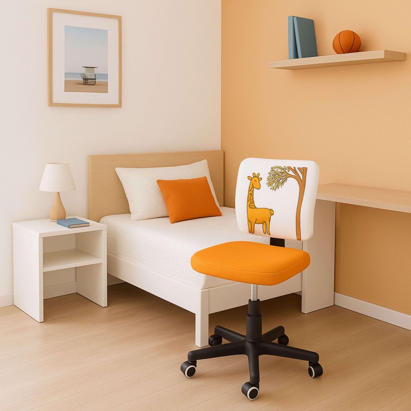 Silla de escritorio infantil con asiento naranja y respaldo blanco con estampado de jirafa en dormitorio