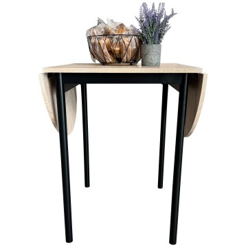 Mesa redonda extensible con tapa madera clara y patas metálicas negras y hojas abatibles laterales