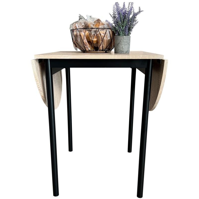 Mesa redonda extensible con tapa madera clara y patas metálicas negras y hojas abatibles laterales