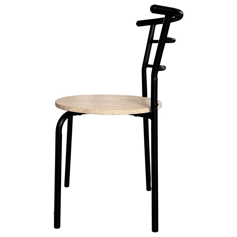 Silla con asiento redondo en madera clara y estructura metálica negra con respaldo curvo