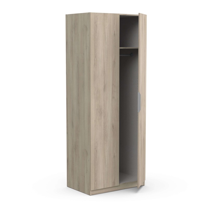 Armario de madera clara con puerta corredera y interior gris con estantes y barra colgadora