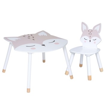 Conjunto infantil de mesa y silla con forma de animales de madera blanca y patas de madera natural