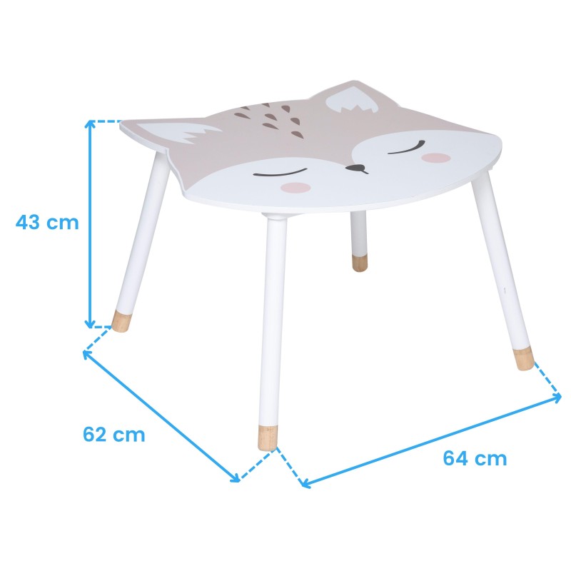Mesa infantil con sobre forma de nube gris y blanca y patas blancas con remates de madera