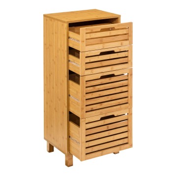 Cajonera de madera de bambú con cuatro cajones de lamas y patas de madera maciza