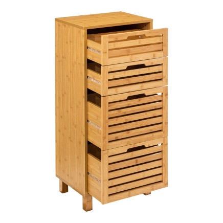 Cajonera de madera de bambú con cuatro cajones de lamas y patas de madera maciza