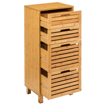 Cajonera de madera de bambú con cuatro cajones abiertos y tablero superior liso