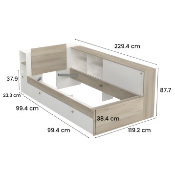Cama individual con almacenamiento integrado en madera clara y blanco con cajones frontales y compartimientos