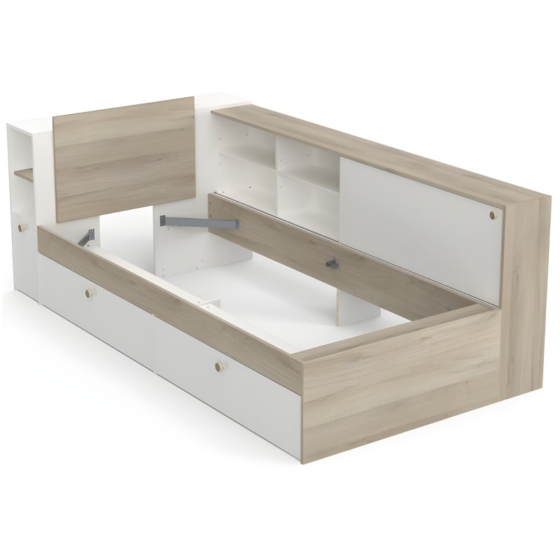 Cama infantil con cajones de madera clara y blanca con cabecero y estantes de almacenamiento integrados