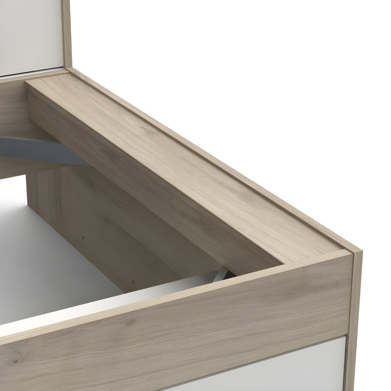 Cama de madera clara con respaldo tapizado blanco y estructura de tablero visto desde ángulo lateral