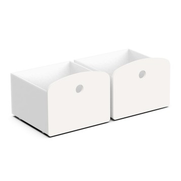 Cajas de almacenamiento blancas con dos compartimentos y asas redondas para organización modular