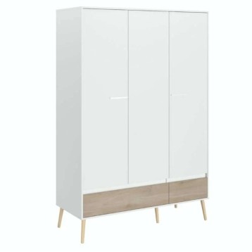 Armario blanco con puertas correderas y base en madera natural con patas de madera